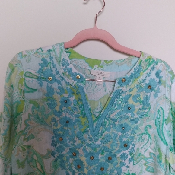 Charter Club Green Linen Quarter Sleeve Split Neck Paisley Blouse Size Small - Picture 6 of 10